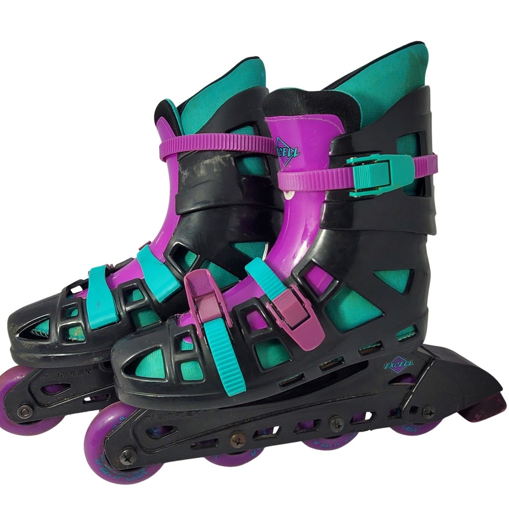 Vintage Excell Inline Skates Purple Teal  Retro 90s Rollerblades Women 8 Men 6